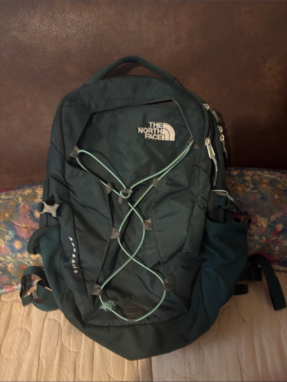 The North Face Men's Forest Green Backpack with Teal Bungee